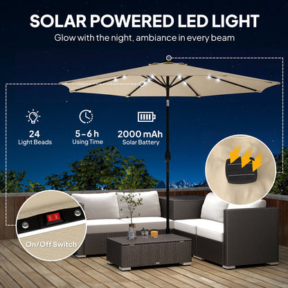 مظلة شمسية للحديقة من Outsunny مقاس 2.6 متر مع إضاءة LED تعمل بالطاقة الشمسية، غطاء مظلة، مظلة فناء للسوق في الهواء الطلق، بيج