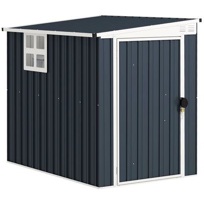 Outsunny 4 x 6ft Lean to Garden Metal Shed, Outdoor Storage Shed with Window, 2 Vents and Lockable Door for Patio, Dark Grey