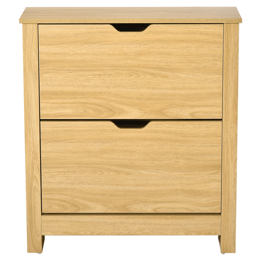 HOMCOM Narrow Shoe Cabinet, Space Saving Shoe Storage Cabinet with 2 Flip Drawers and Adjustable Shelves for 6-12 Pairs of Shoes for Hallways and Living Room, Natural Wood Finish