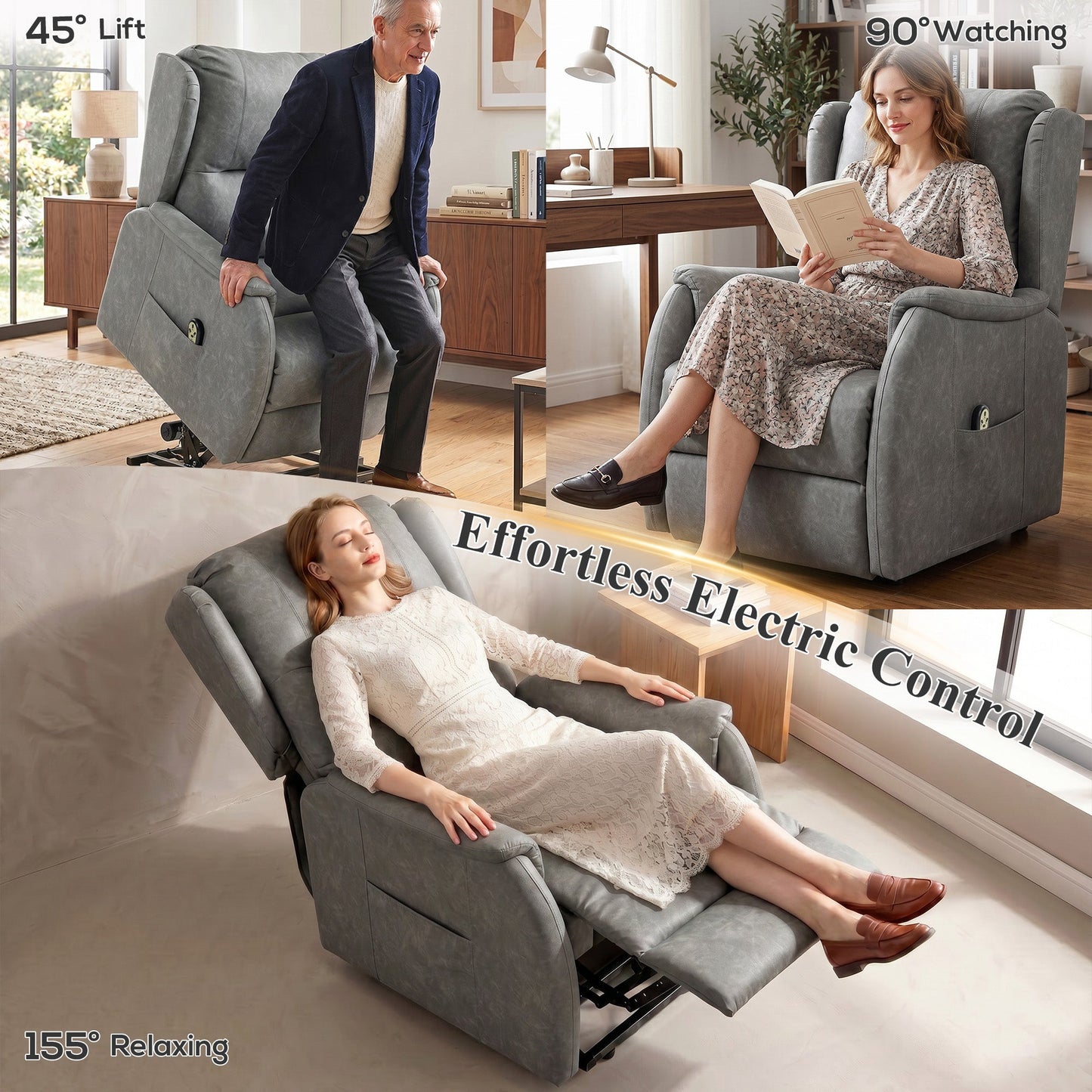 كرسي استرخاء كهربائي من HOMCOM، كرسي رفع كهربائي بمحرك مزدوج لكبار السن مع جهاز تحكم عن بعد، رمادي