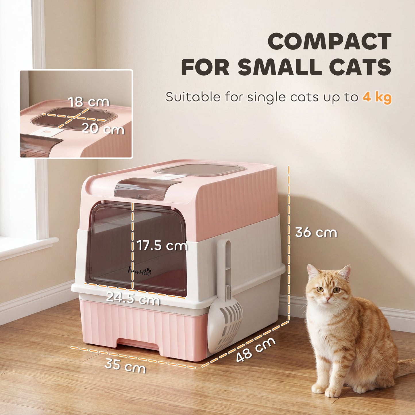 PawHut Enclosed Cat Litter Box with Lid, Pull-Out Drawer Tray, Scoop, 4 Deodorisation Bags, Front Entry & Top Exit, Pink