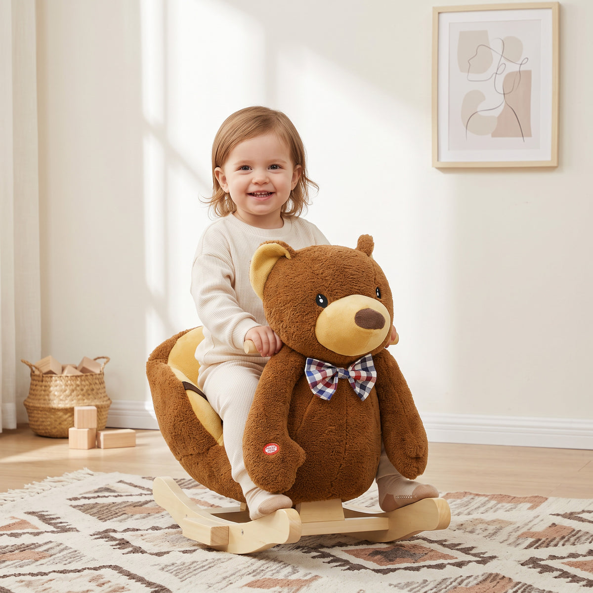 AIYAPLAY Rocking Horse Toy, Cartoon Bear Wooden Ride on Horse with Seat Belt, Music, Pretend Play Toy for Toddlers 18-36 M, Brown