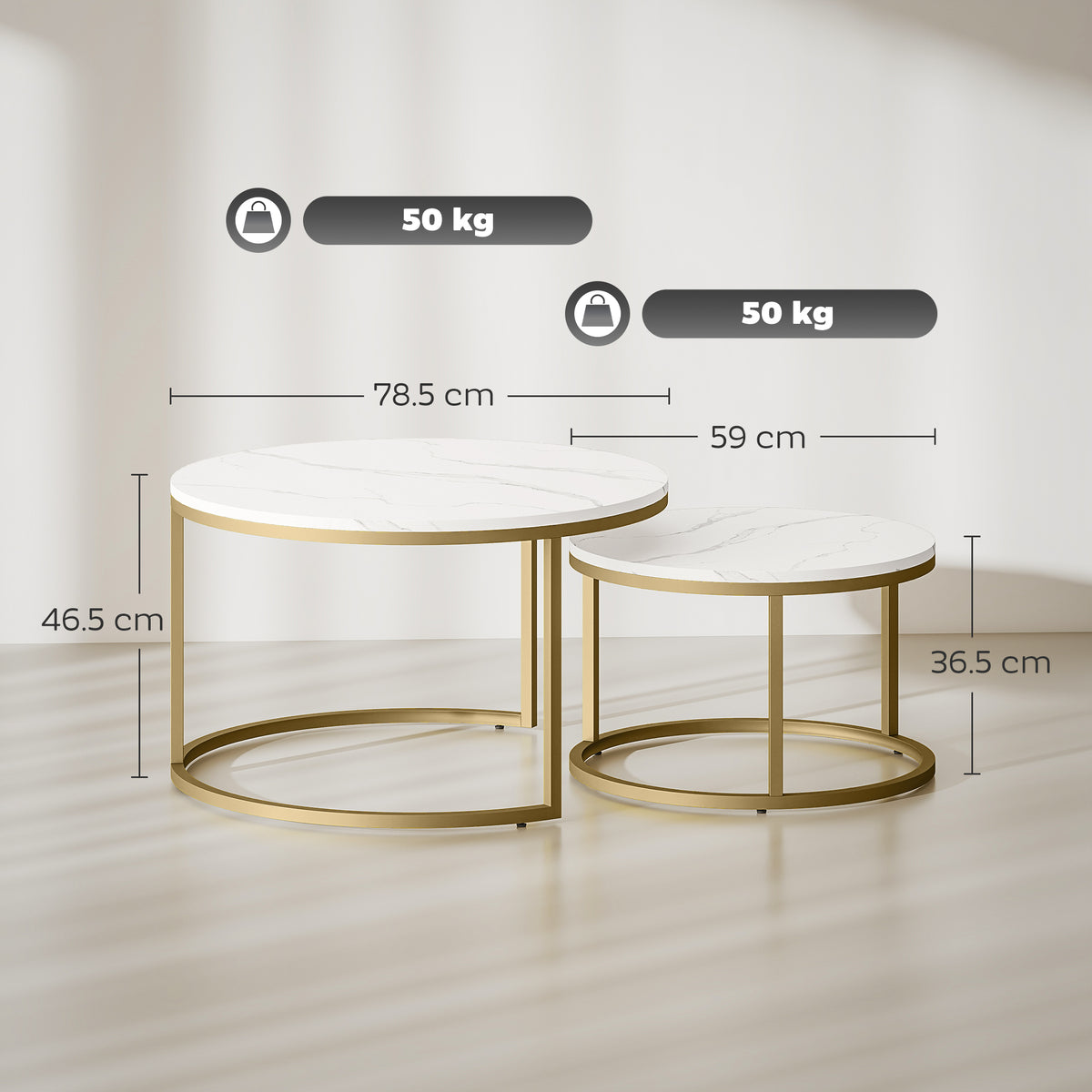 HOMCOM 2 Pcs Stacking Coffee Table Set Nesting Tables with Steel Frame for Living Room Marble White/Gold
