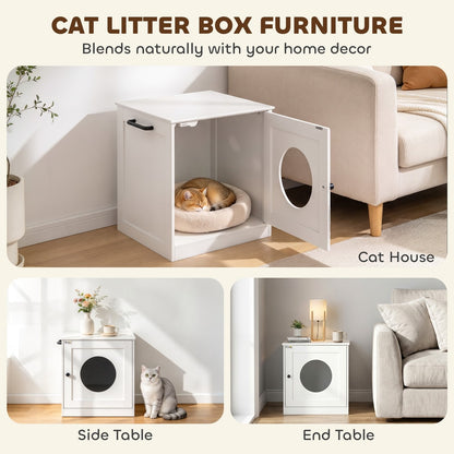 PawHut Cat Litter Box Enclosure, Hidden Litter Box Furniture with Side Hook, Wooden Cat Washroom Storage Cabinet, White