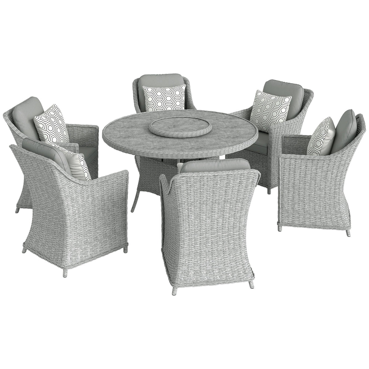 طقم أثاث طعام للحديقة من الأوتسانتي من الراتان مع ترابيزة دوارة (Lazy Susan)، طاولة طعام دائرية للحديقة من الزجاج بتأثير الرخام وكراسي بإطار من الألومنيوم، رمادي