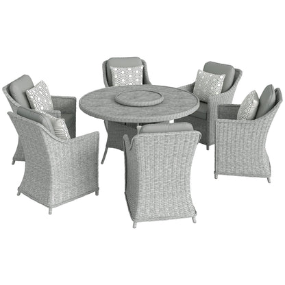 طقم أثاث طعام للحديقة من الأوتسانتي من الراتان مع ترابيزة دوارة (Lazy Susan)، طاولة طعام دائرية للحديقة من الزجاج بتأثير الرخام وكراسي بإطار من الألومنيوم، رمادي