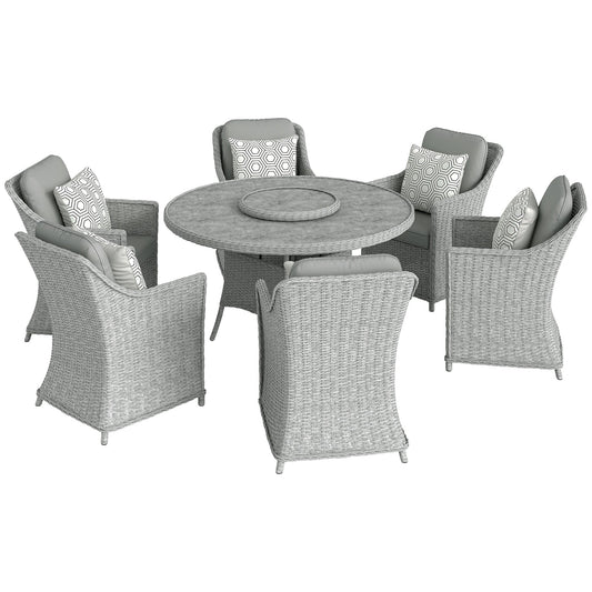 طقم أثاث طعام للحديقة من الأوتسانتي من الراتان مع ترابيزة دوارة (Lazy Susan)، طاولة طعام دائرية للحديقة من الزجاج بتأثير الرخام وكراسي بإطار من الألومنيوم، رمادي