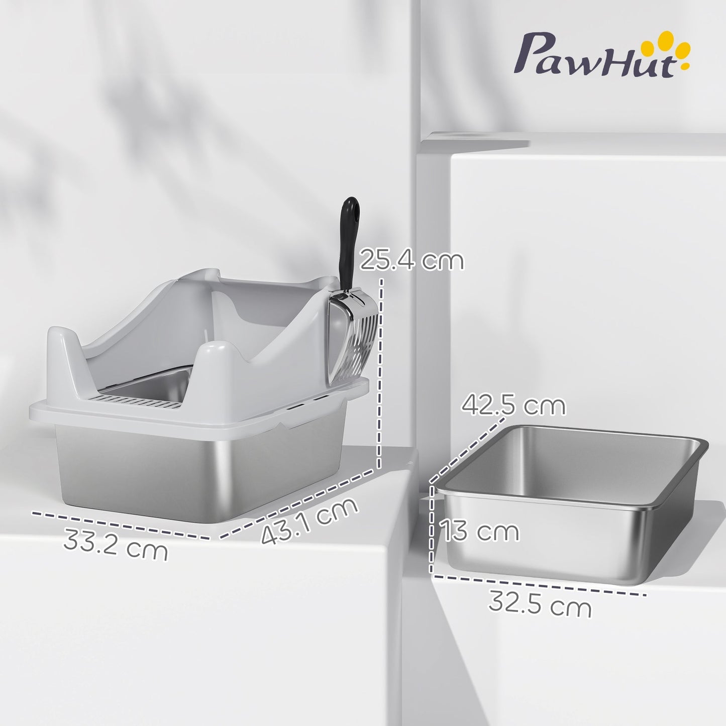 صندوق فضلات القطط من PawHut من الفولاذ المقاوم للصدأ بجوانب مرتفعة ومجرفة معدنية، 43 × 33 × 25 سم