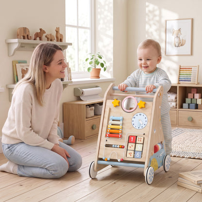 AIYAPLAY Wooden Baby Walker with Detachable Double-Sided Activity Board in a Natural Wood Finish
