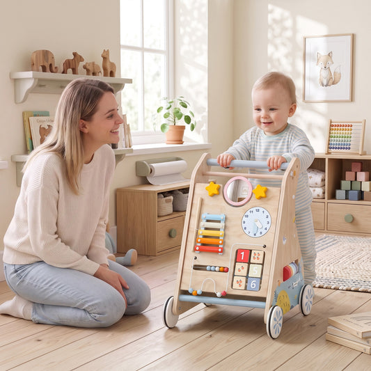 AIYAPLAY Wooden Baby Walker with Detachable Double-Sided Activity Board in a Natural Wood Finish