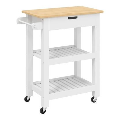 HOMCOM Kitchen Trolley Utility Cart on Wheels with Rubberwood Worktop, Towel Rack, Storage Shelves & Drawer for Dining Room