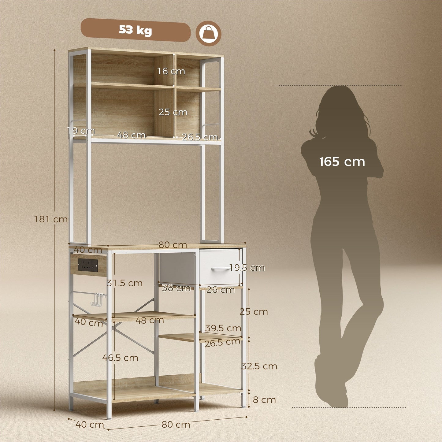 HOMCOM Kitchen Baker's Rack, Microwave Stand with Storage Shelves and 6 Hooks for Small Spaces