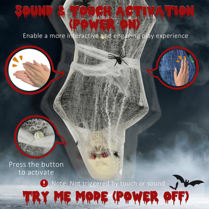 HOMCOM 4.7ft Life Size Outdoor Halloween Decoration Hanging Mummy with Spider Web, Animated Prop Decor with Sound and Motion Activated, Light Up Eyes, Howling Sound, Posable Arms, Moving Body