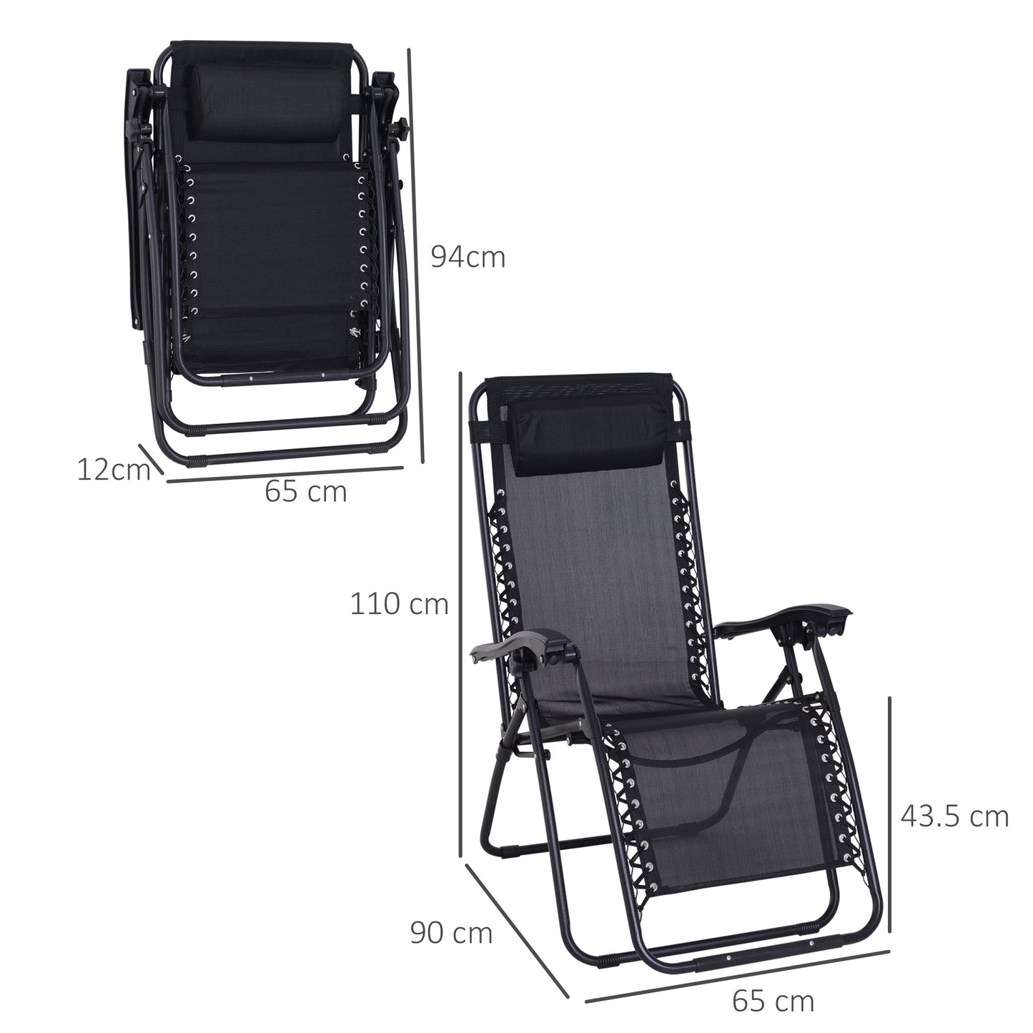 Outsunny Zero Gravity Chair Set of 2, Metal Frame Texteline Armchair Outdoor Folding and Reclining Sun Lounger with Head Pillow for Patio Decking Gardens Camping, Black
