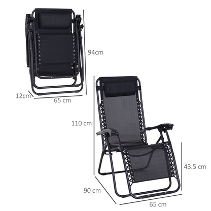 Outsunny Zero Gravity Chair Set of 2, Metal Frame Texteline Armchair Outdoor Folding and Reclining Sun Lounger with Head Pillow for Patio Decking Gardens Camping, Black
