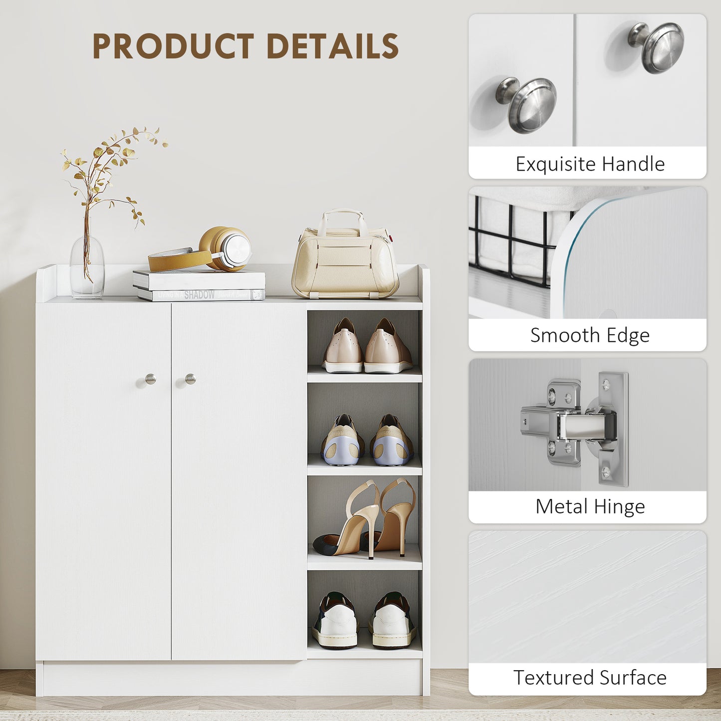 HOMCOM Shoe Storage Cabinet Two Doors w/ Adjustable 4 Shelves Cupboard Footwear Rack Stand Organiser Hallway White
