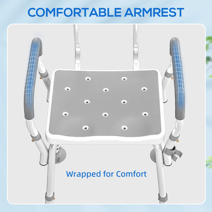 HOMCOM EVA Padded Shower Chair for the Elderly and Disabled, Height Adjustable Shower Stool with Back and Arms, 4 Suction Foot Pads, Light Grey