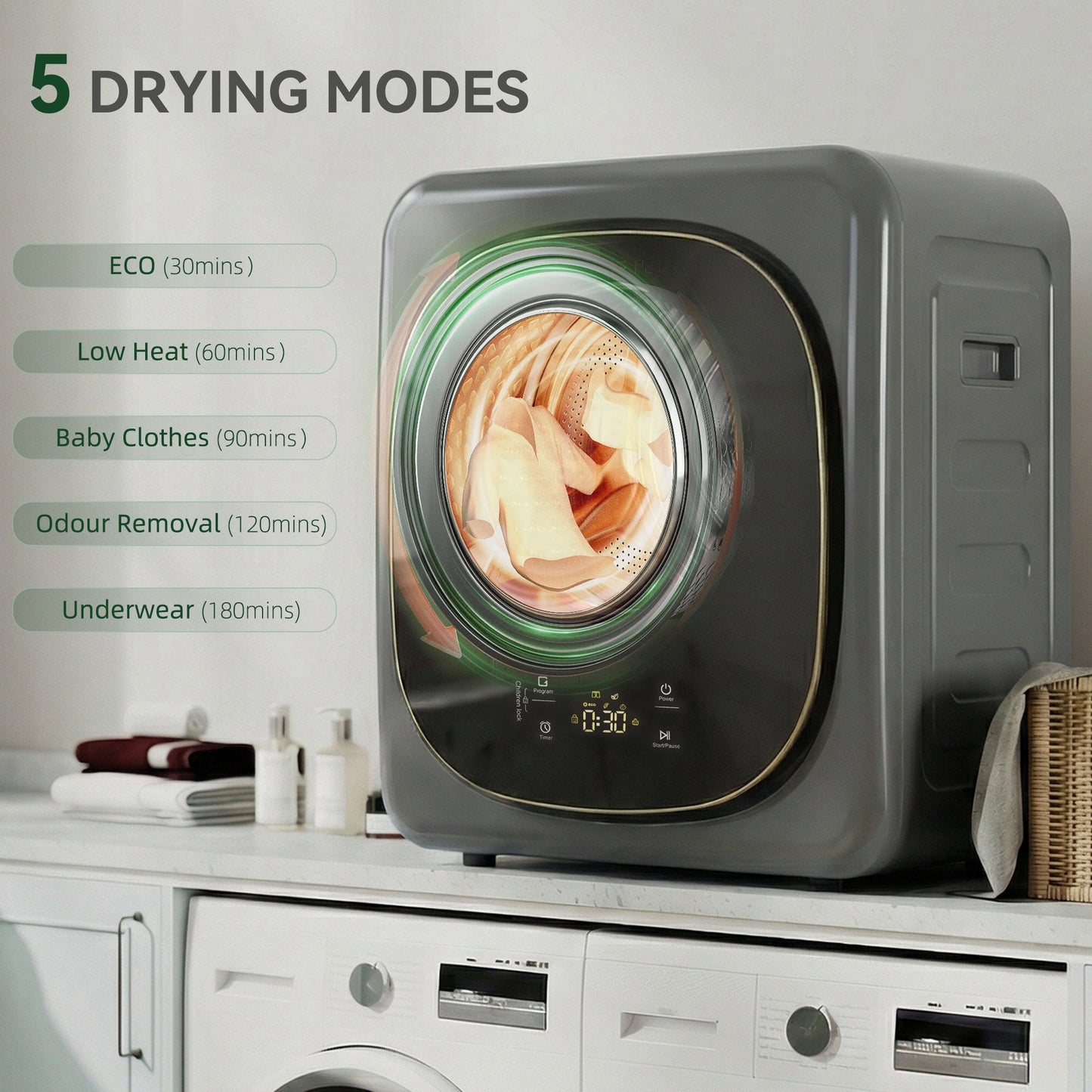 HOMCOM 4kg Vented Tumble Dryer with 5 Drying Mode, 800W Compact Freestanding Front Tumble Dryer, Grey