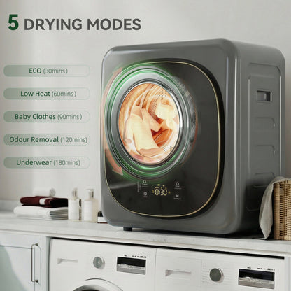 HOMCOM 4kg Vented Tumble Dryer with 5 Drying Mode, 800W Compact Freestanding Front Tumble Dryer, Grey