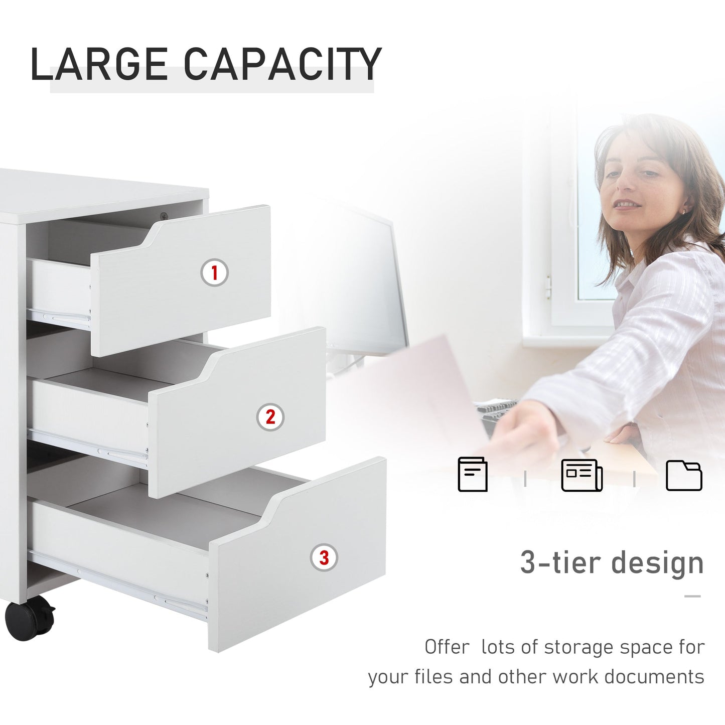 خزانة ملفات عمودية متحركة من HOMCOM بثلاثة أدراج، مزودة بعجلات للمنزل أو المكتب، لون أبيض