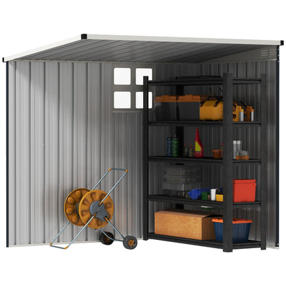 Outsunny 4 x 6ft Lean to Garden Metal Shed, Outdoor Storage Shed with Window, 2 Vents and Lockable Door for Patio, Dark Grey