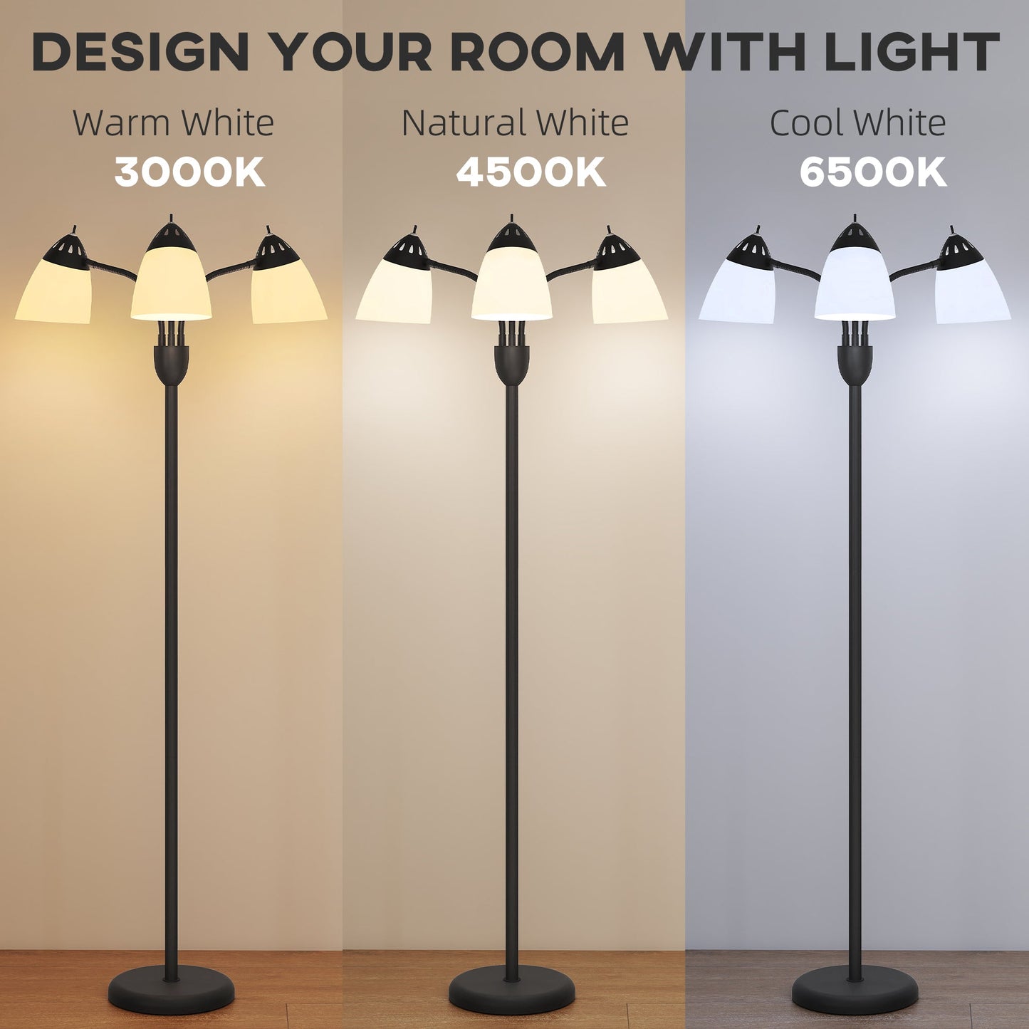 HOMCOM Arc Tree Floor Lamp with 3 Adjustable Rotating Lights and 3000K/4500K/6500K Colour Temperatures, Industrial Standing Lamp with Steel Frame for Bedroom Living Room, 155cm, Black