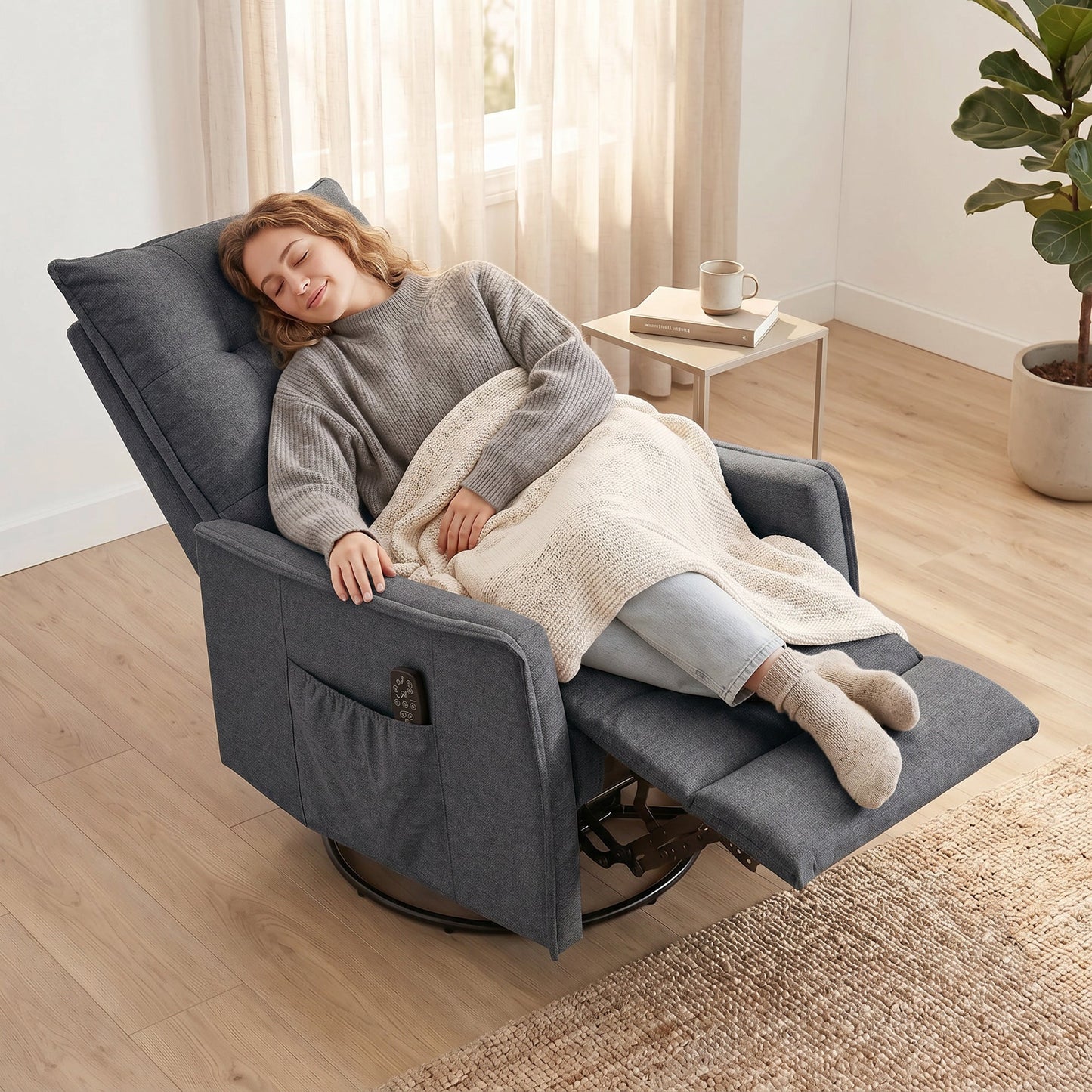 HOMCOM Recliner Armchair, Chenille Recliner Chair with Massage and Heat, 360 degrees Swivel Rocking Manual Recliner, Dark Grey
