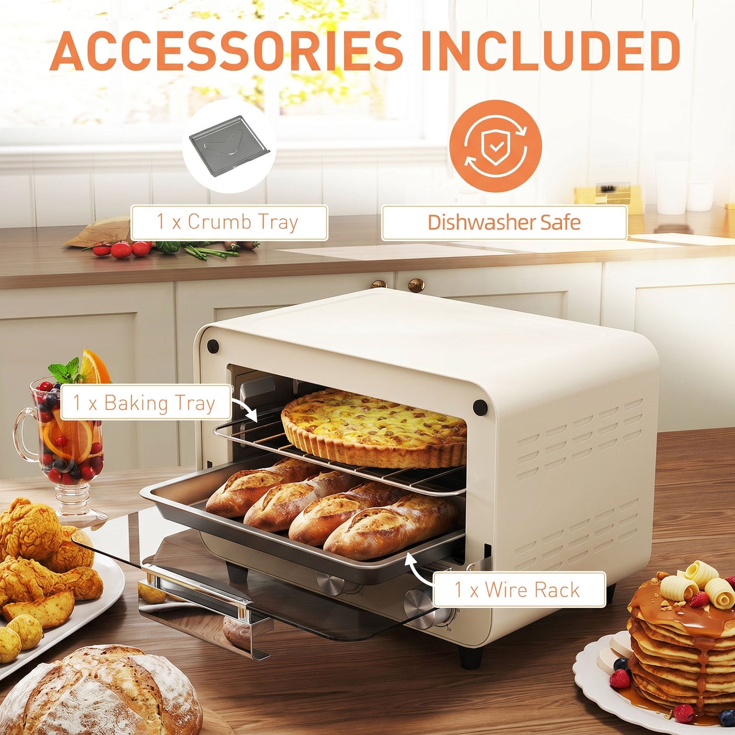 HOMCOM Mini Oven, Small Toaster Oven with Glass Door, Adjustable Temperature and Timer, Accessory Included, 750W, Cream White