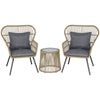 Outsunny 3 Pieces Rattan Bistro Set, Wicker Garden Furniture Set with Cushions, Glass Top Coffee Table and Chairs for Outdoor, Patio, Balcony, Brown