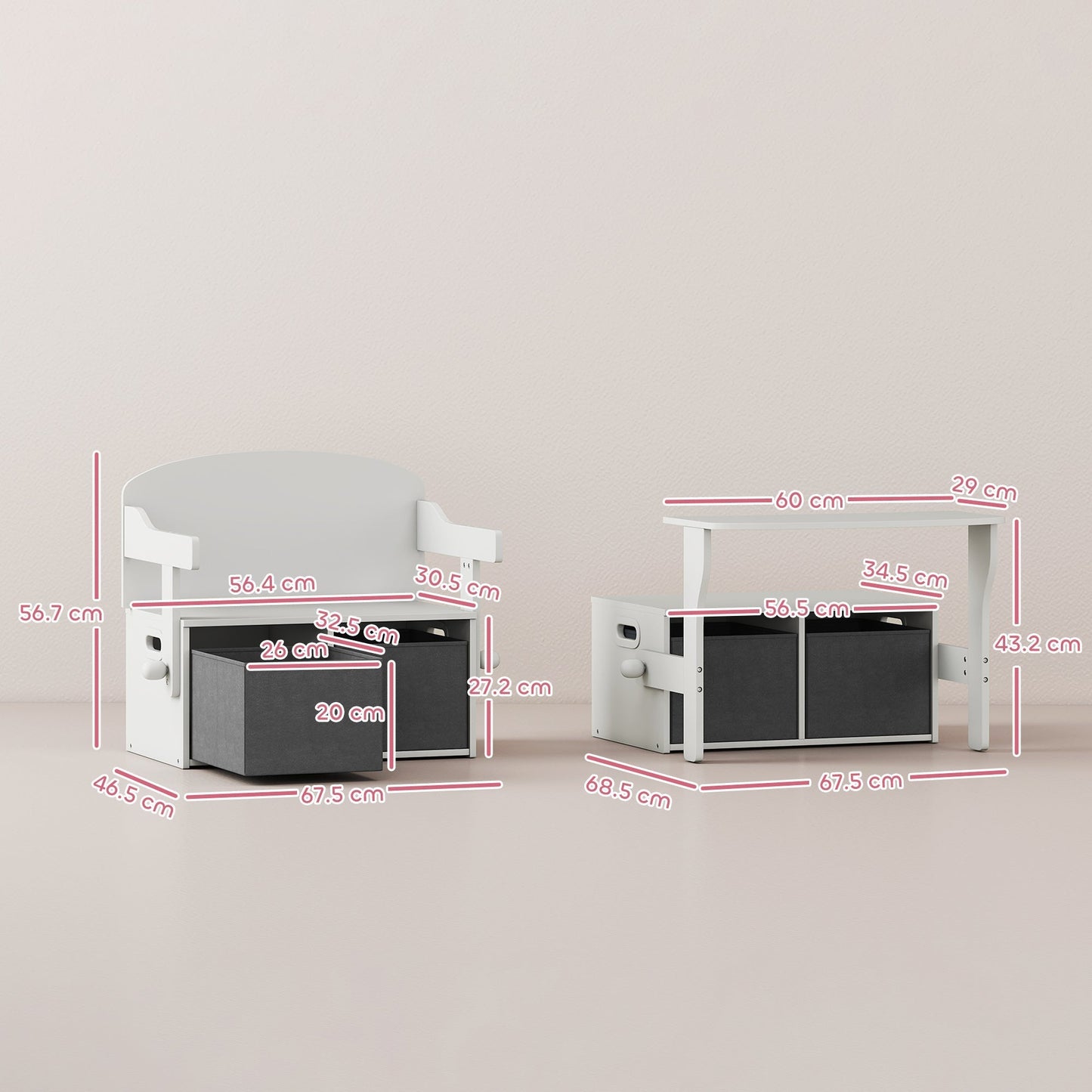 AIYAPLAY 3 in 1 Kids Storage Bench, Convertible Children Table and Chair Set with 2 Fabric Bins, Toy Storage Box, White