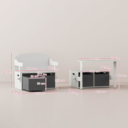 AIYAPLAY 3 in 1 Kids Storage Bench, Convertible Children Table and Chair Set with 2 Fabric Bins, Toy Storage Box, White