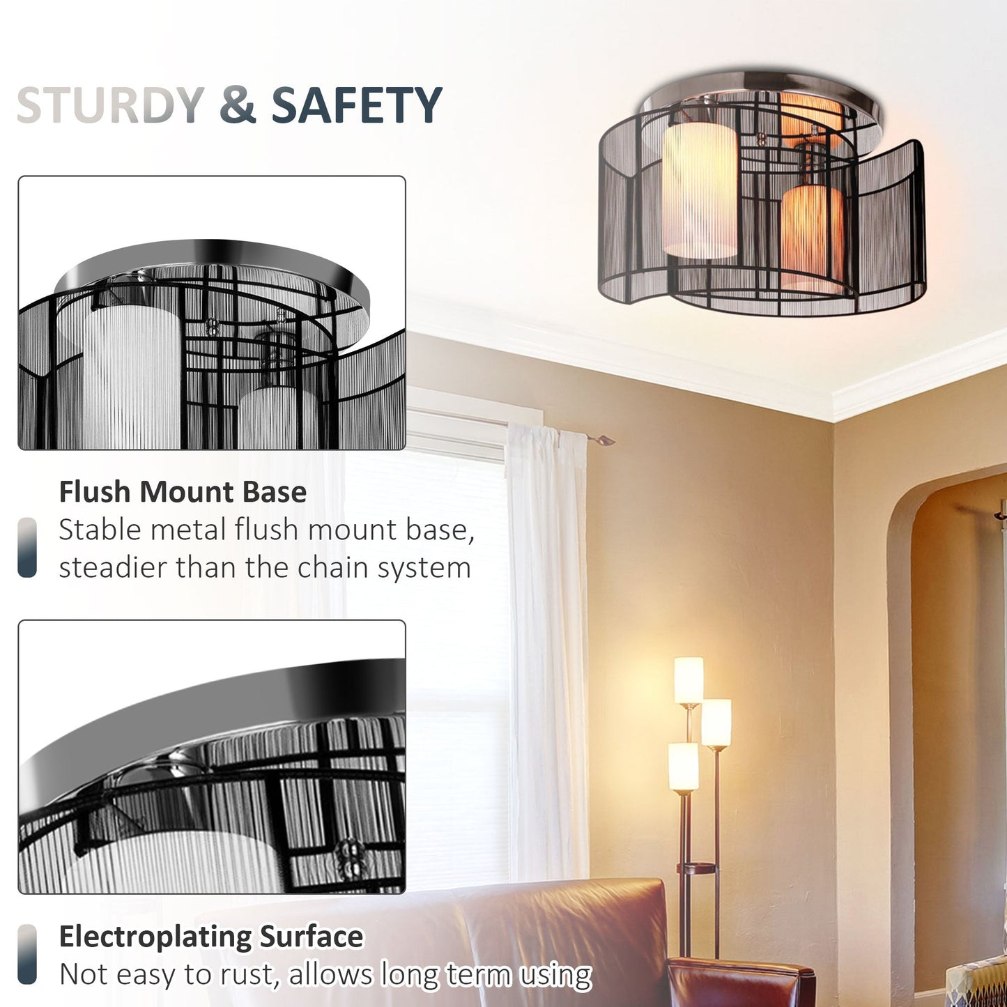 HOMCOM Modern Chandelier, Semi-Flush Mount Ceiling Light with 2 Light, E27 Bulb Base for Hallway, Dining Room, Living Room, White and Black