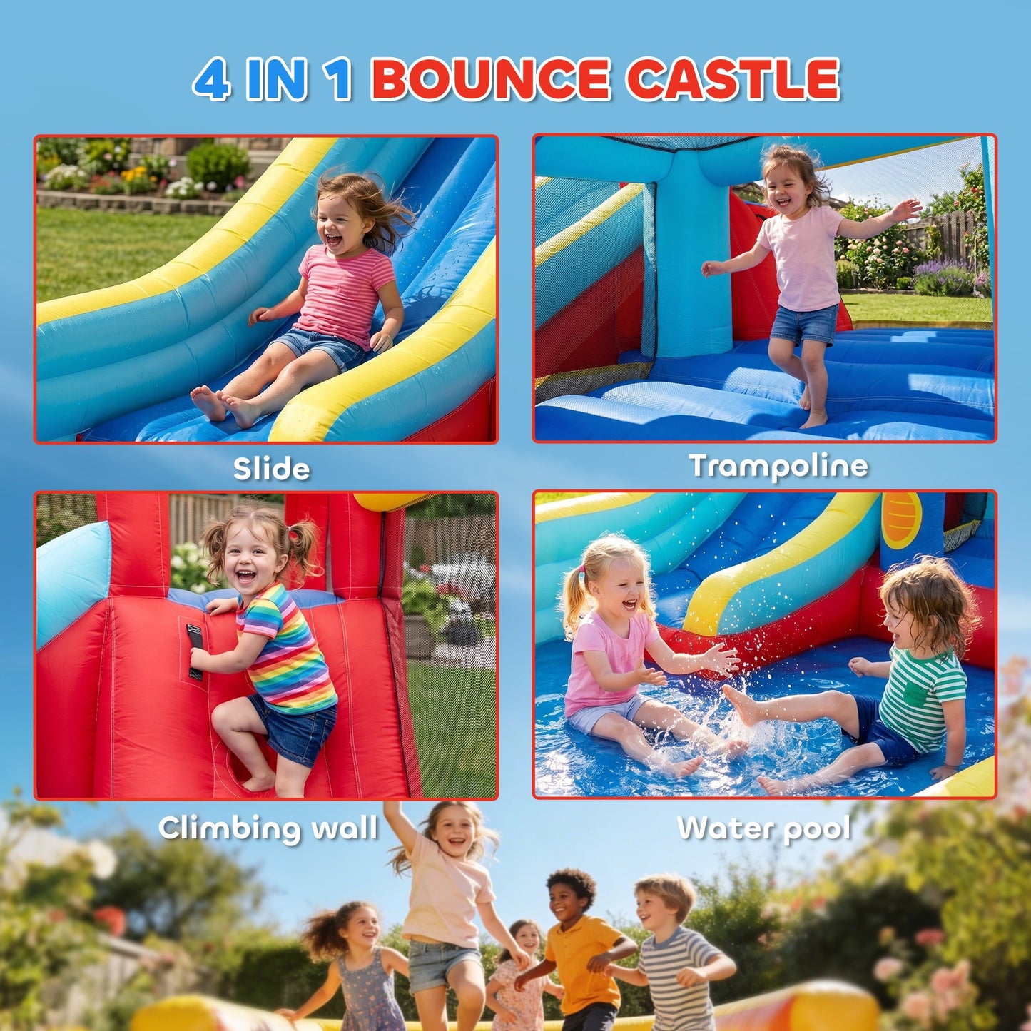 Outsunny 4-in-1 Bouncy Castle, with Slide, Trampoline, Climbing Wall, Blower, Multicoloured