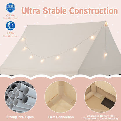 Indoor Kids Play Tent, the fabric playhouse showing close-ups of the pipe frame and floor threshold