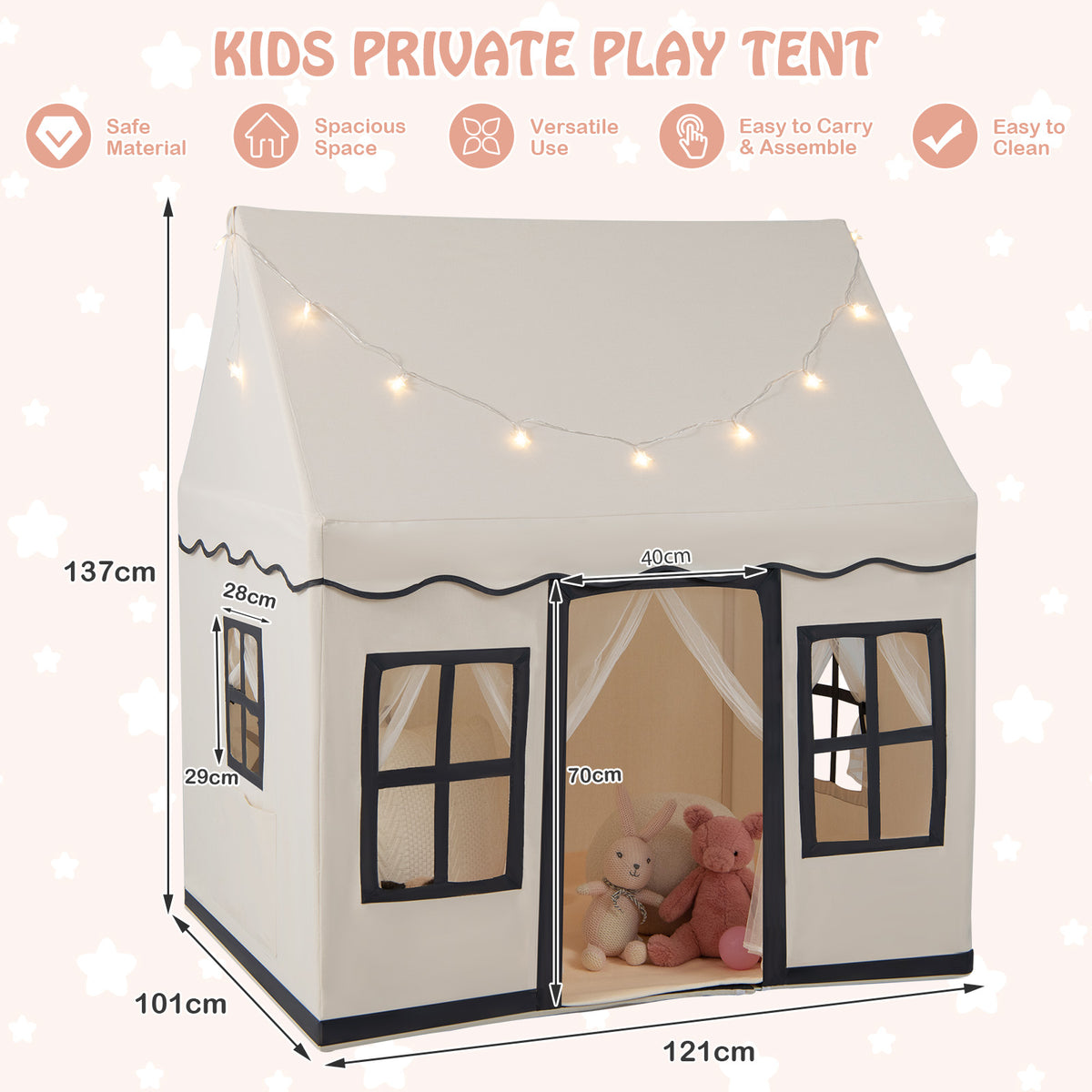 The play tent showing height and width dimensions with labels for each section