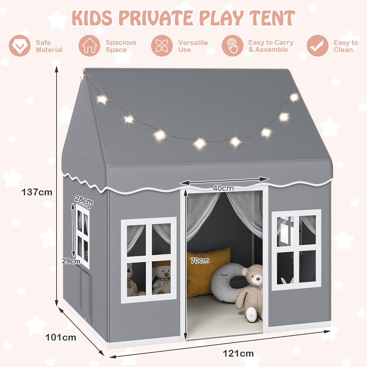 Grey children's play tent with star lights, showing dimensions and features