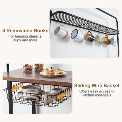 Industrial Bakers Rack Storage Island with Pull-out Basket and 6 Hooks for Home-Black