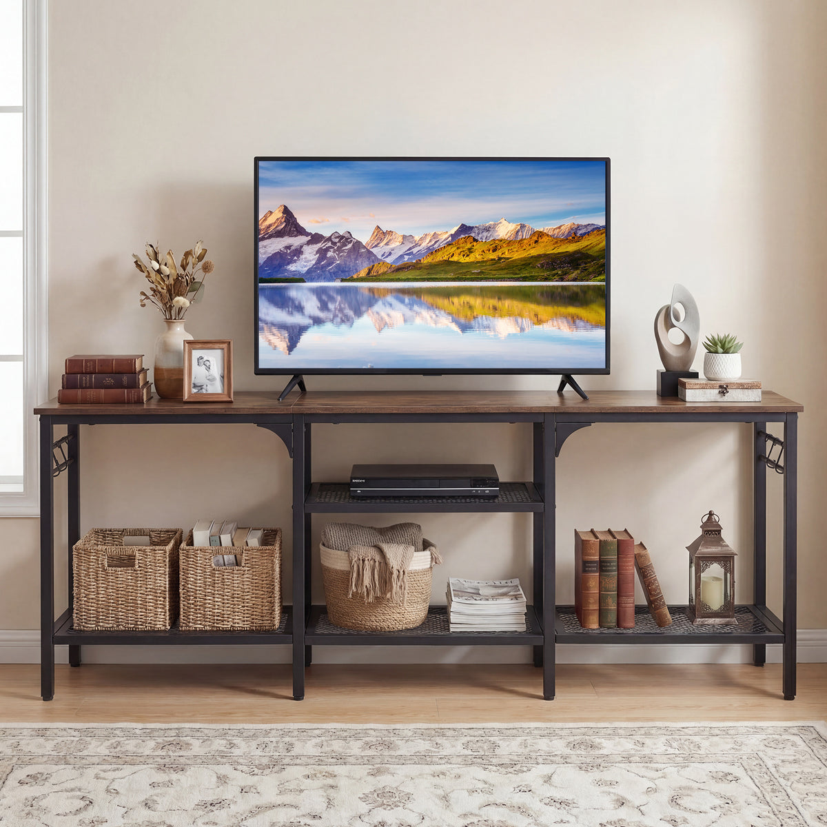 Industrial Entertainment TV Stand for 65" TVs with Metal Mesh Shelves and 4 Hanging Hooks-Rustic Brown