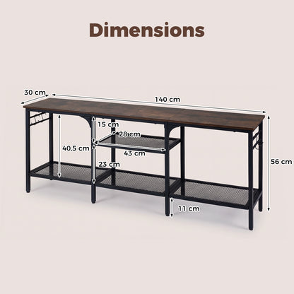 Industrial Entertainment TV Stand for 65" TVs with Metal Mesh Shelves and 4 Hanging Hooks-Rustic Brown