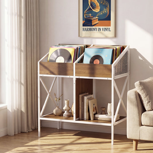 This wooden and metal record holder is shown in a living room with records and books