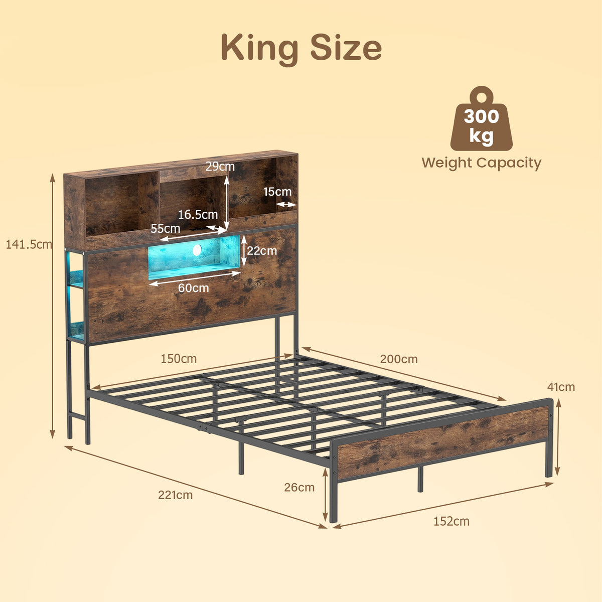 Industrial Metal Platform Bed with LED Lights and Power Outlet-King