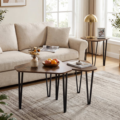 Industrial Nesting Coffee Table Set of 3 with Thick Tabletop and Metal Frame, for Small Spaces-Rustic Brown