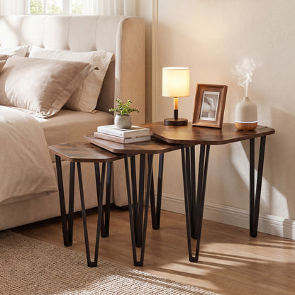 Industrial Nesting Coffee Table Set of 3 with Thick Tabletop and Metal Frame, for Small Spaces-Rustic Brown