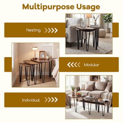 Industrial Nesting Coffee Table Set of 3 with Thick Tabletop and Metal Frame, for Small Spaces-Rustic Brown