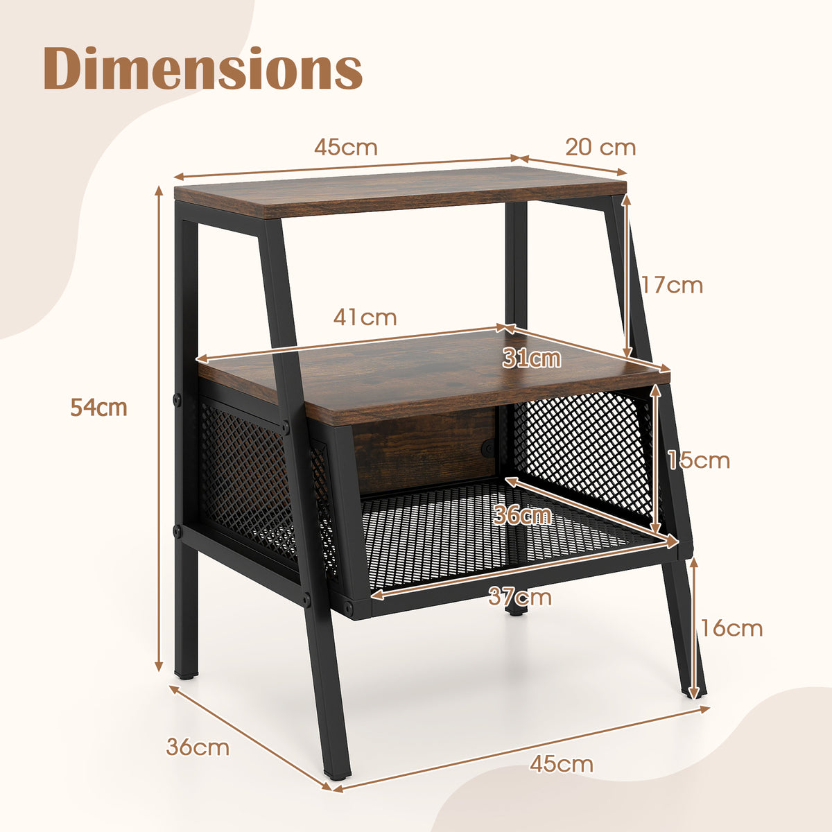 Industrial Nightstand Set of 2 with 2 Open Shelves & Mesh Compartment for Small Spaces-Rustic Brown