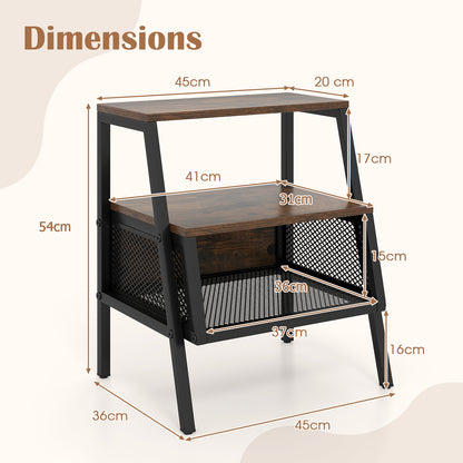 Industrial Nightstand Set of 2 with 2 Open Shelves & Mesh Compartment for Small Spaces-Rustic Brown