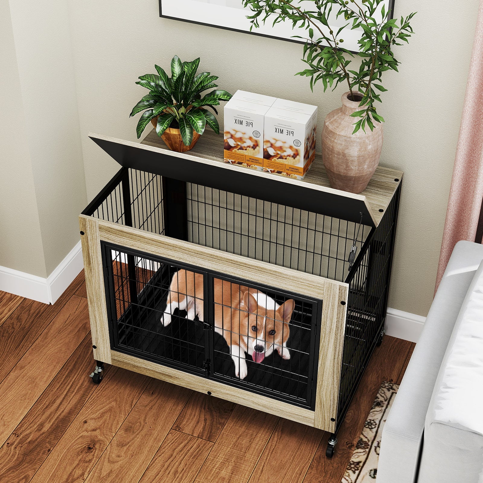 Industrial Dog Kennel with Flip-up Top and 3 Lockable Doors-Grey