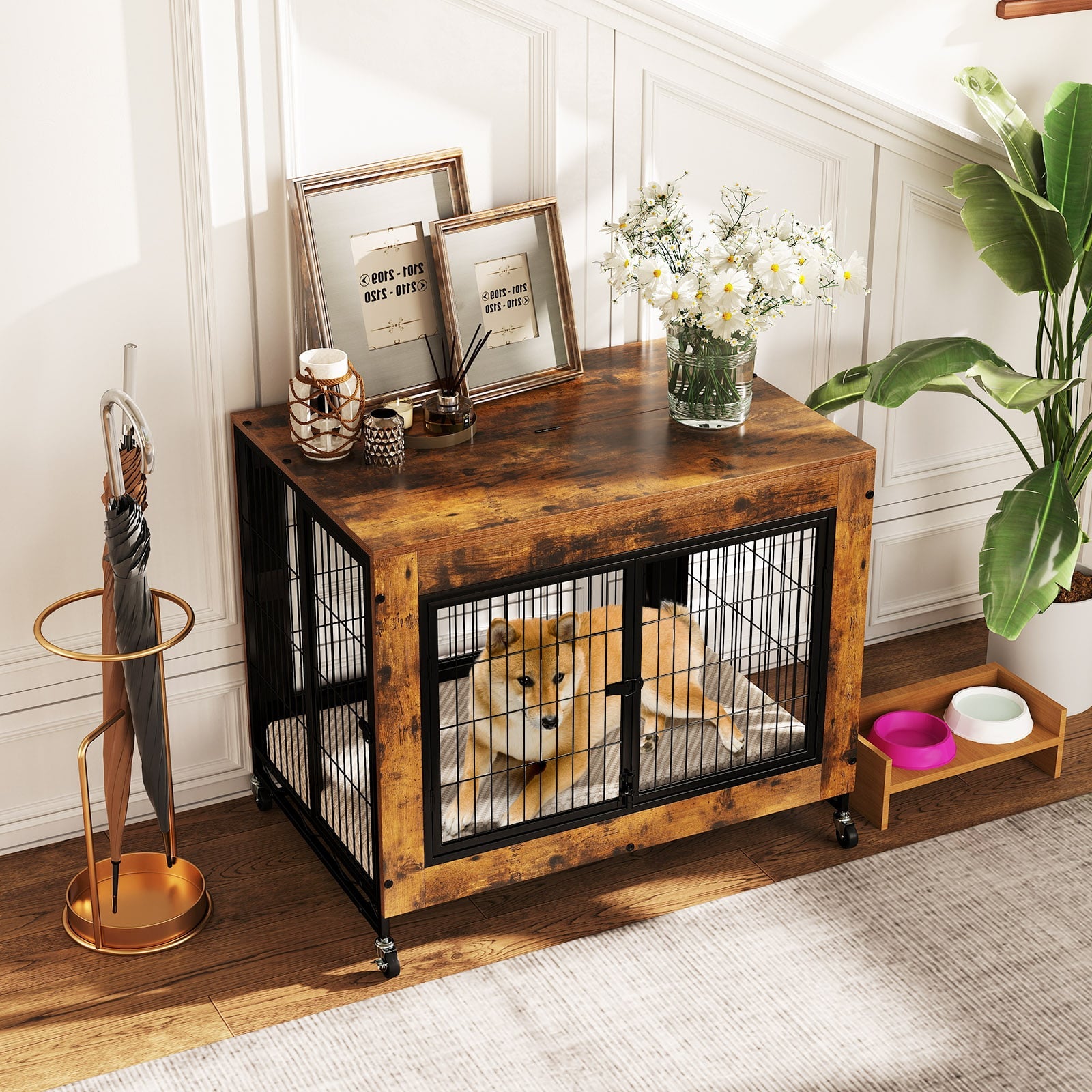 Industrial Dog Kennel with Flip-up Top and 3 Lockable Doors-Rustic Brown
