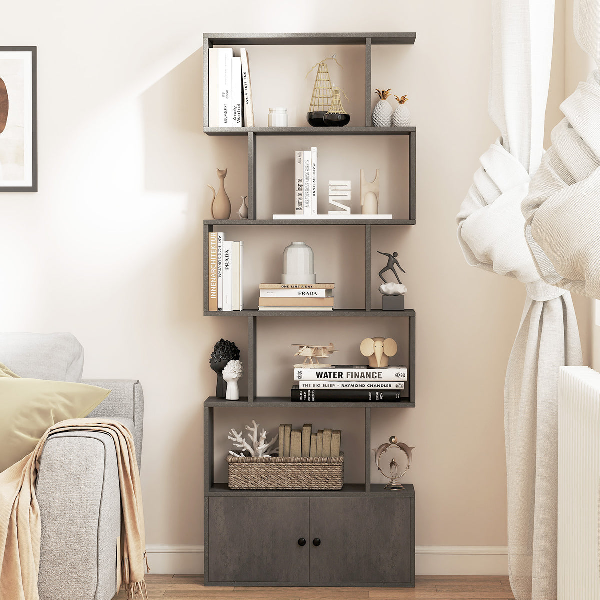 Industrial S-Shaped 5-tier Bookcase with Cabinet-Grey
