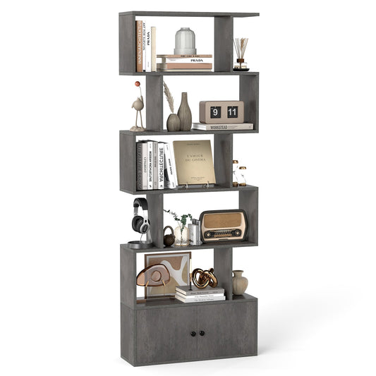 Industrial S-Shaped 5-tier Bookcase with Cabinet filled with books and decorative items on white background